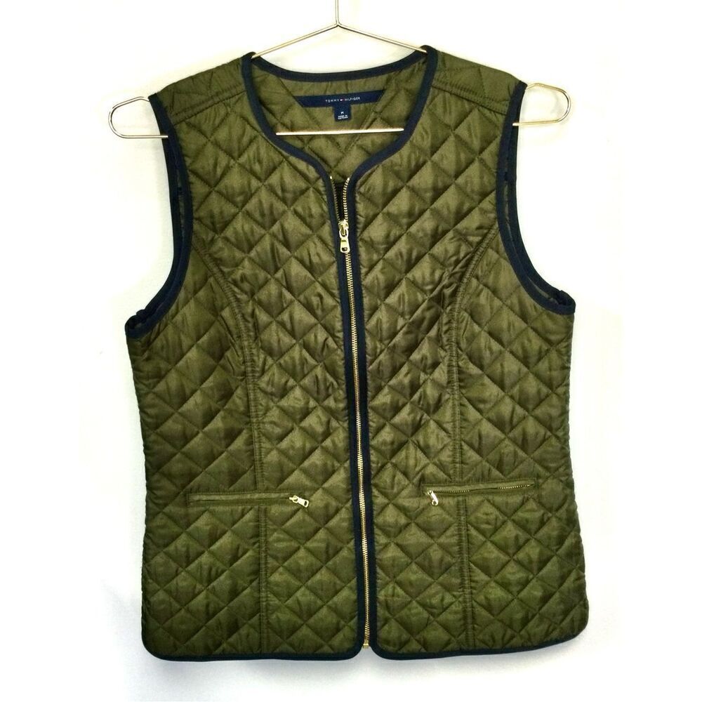 Tommy Hilfiger Women’s Size Medium Quilted Puffer Vest Olive Green Navy Blue Zip